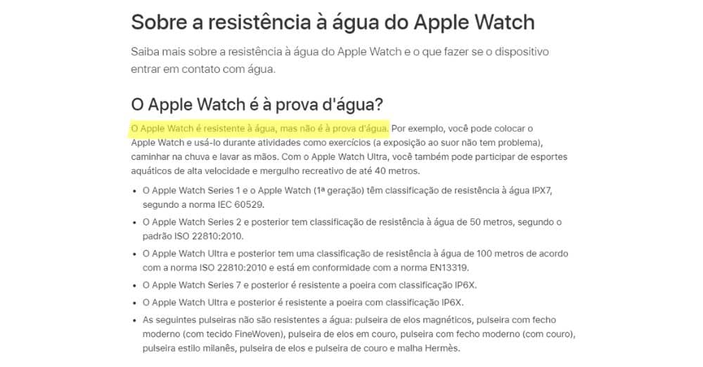 A Apple diz que o Apple Watch é resistente a água, mas não a prova d'água.
